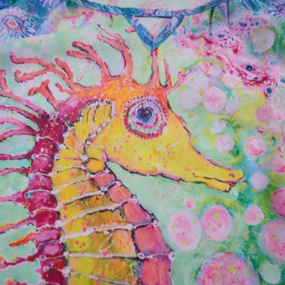 Leoma Lovegrove Womens Blouse L Seahorse Colorful Artsy Split Sleeve Crochet Tie - Picture 3 of 12